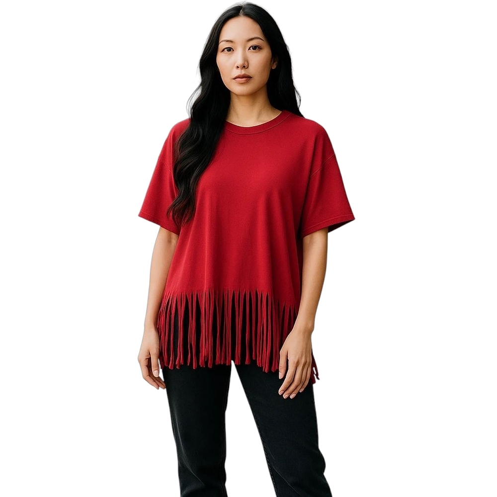 Verdusa Red Stretch Fringe Boho Oversized Stretch T-Shirt NWT